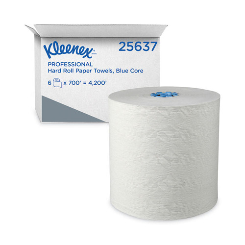 Hard Roll Paper Towels with Premium Absorbency Pockets with Colored Core, Blue Core, 7.5" x 700 ft, White, 6 Rolls/Carton [SKU: KCC25637]