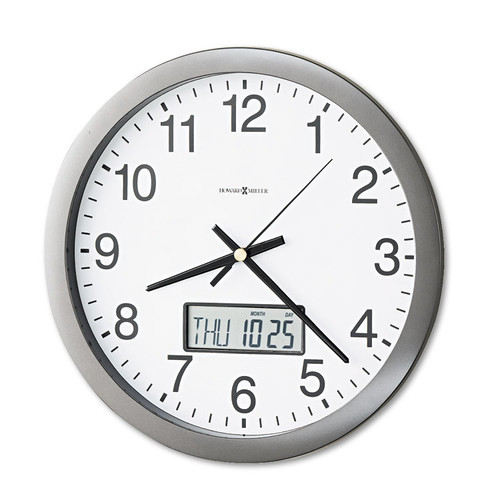 Chronicle Wall Clock with LCD Inset, 14" Overall Diameter, Gray Case, 2 AA (sold separately) [SKU: MIL625195]