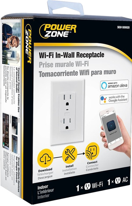 Powerzone ORWFIRC01 Wi-Fi Controlled Receptacle, 1 -Pole, 125 V, Grounded Socket, Wi-Fi, White [SKU: ORG0890020]