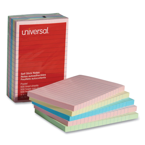 Self-Stick Note Pads, Note Ruled, 4" x 6", Assorted Pastel Colors, 100 Sheets/Pad, 5 Pads/Pack [SKU: UNV35616]