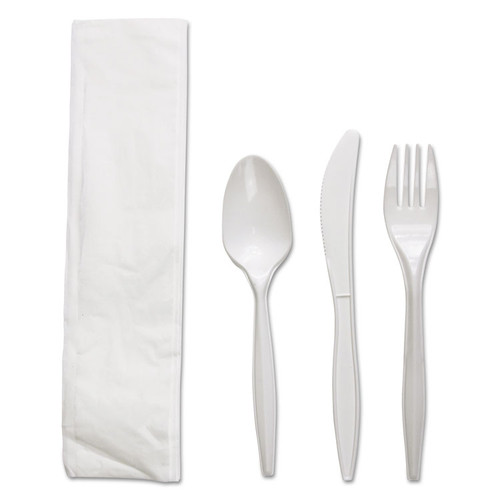 Four-Piece Cutlery Kit, Fork/Knife/Napkin/Teaspoon, White, Polypropylene, 250/Carton [SKU: BWKFKTNMWPPWH]