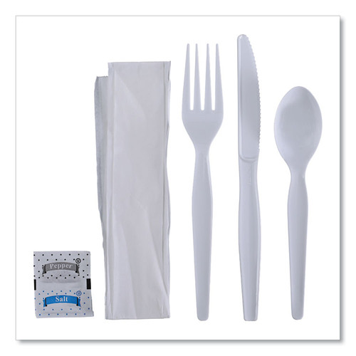 Six-Piece Cutlery Kit, Condiment/Fork/Knife/Napkin/Spoon, Heavyweight, White, 250/Carton [SKU: BWKFKTNSHWPSWH]