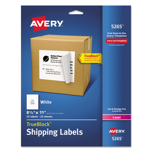 Shipping Labels with TrueBlock Technology, Laser Printers, 8.5 x 11, White, 25/Pack [SKU: AVE5265]