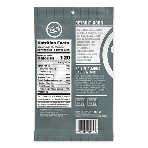 Fresh Harvest Trail Mix, Raisin Almond Cashew, 4.5 oz Bag, 12/Box [SKU: KAR08444]