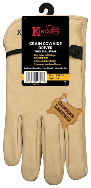 Kinco 99-XL Driver Gloves, Men's, XL, Keystone Thumb, Ball and Tape Cuff, Cowhide Leather, Tan [SKU: ORG8635054]