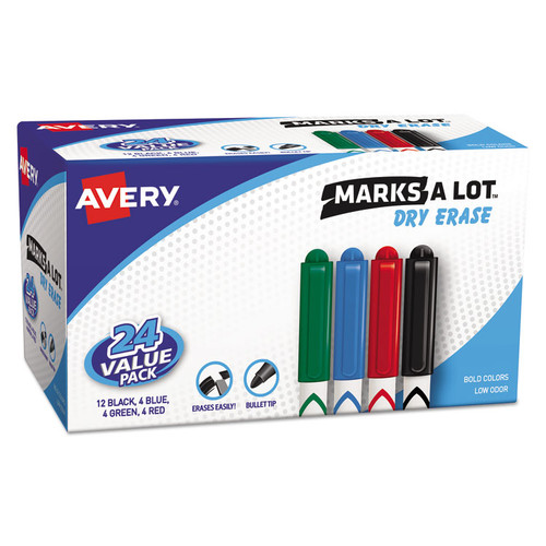 MARKS A LOT Pen-Style Dry Erase Marker Value Pack, Medium Chisel Tip, Assorted Colors, 24/Set (29860) [SKU: AVE29860]