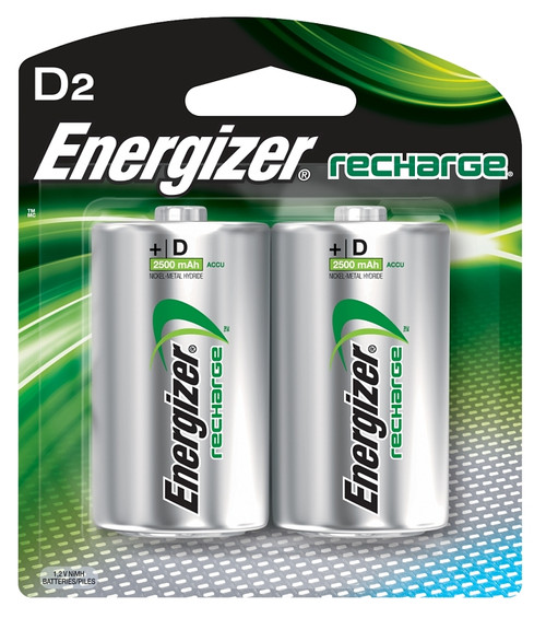 Energizer NH50BP-2 Rechargeable Battery, 1.2 V Battery, 2500 mAh, D Battery, Nickel-Metal Hydride, Green/Silver [SKU: ORG6035729]
