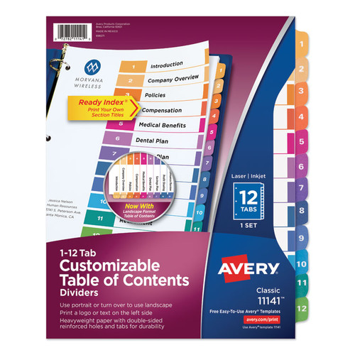 Customizable TOC Ready Index Multicolor Tab Dividers, 12-Tab, 1 to 12, 11 x 8.5, White, Traditional Color Tabs, 1 Set [SKU: AVE11141]