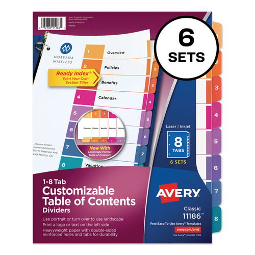 Customizable TOC Ready Index Multicolor Tab Dividers, 8-Tab, 1 to 8, 11 x 8.5, White, Traditional Color Tabs, 6 Sets [SKU: AVE11186]