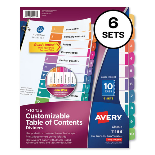 Customizable TOC Ready Index Multicolor Tab Dividers, 10-Tab, 1 to 10, 11 x 8.5, White, Traditional Color Tabs, 6 Sets [SKU: AVE11188]