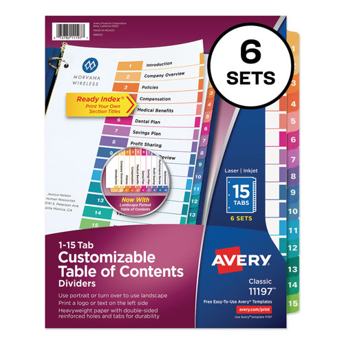 Customizable TOC Ready Index Multicolor Tab Dividers, 15-Tab, 1 to 15, 11 x 8.5, White, Traditional Color Tabs, 6 Sets [SKU: AVE11197]