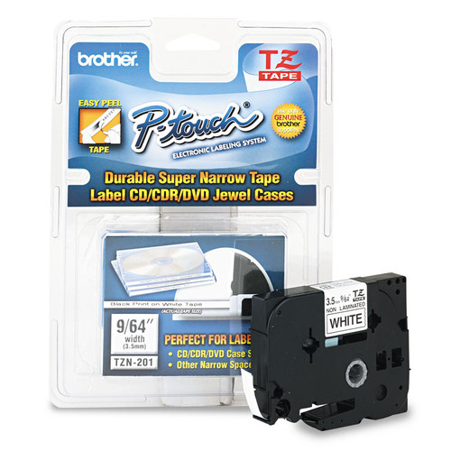 TZ Super-Narrow Non-Laminated Tape for P-Touch Labeler, 0.13" x 26.2 ft, Black on White [SKU: BRTTZEN201]