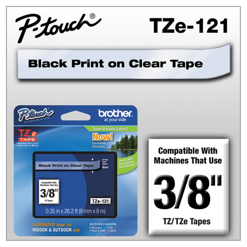 TZe Standard Adhesive Laminated Labeling Tape, 0.35" x 26.2 ft, Black on Clear [SKU: BRTTZE121]