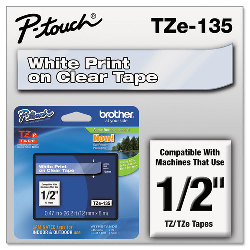 TZe Standard Adhesive Laminated Labeling Tape, 0.47" x 26.2 ft, White on Clear [SKU: BRTTZE135]