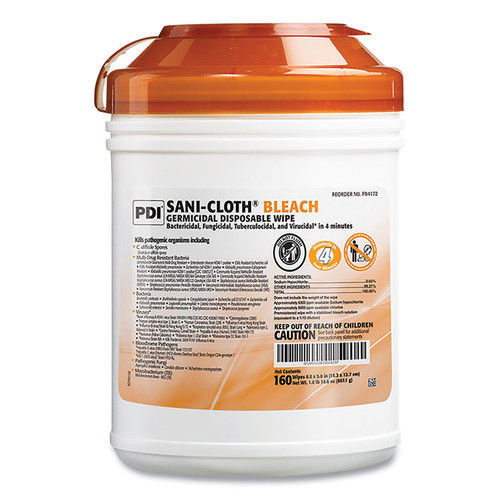 Sani-Cloth Bleach Germicidal Disposable Wipes, 7.5 x 15, Unscented, White, 160/Canister, 12 Canisters/Carton [SKU: PDIP84172]