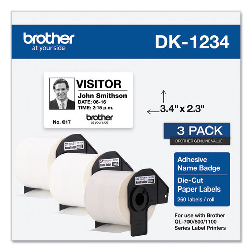 Die-Cut Name Badge Labels, 2.3 x 3.4, White, 260 Labels/Roll, 3 Rolls/Pack [SKU: BRTDK12343PK]