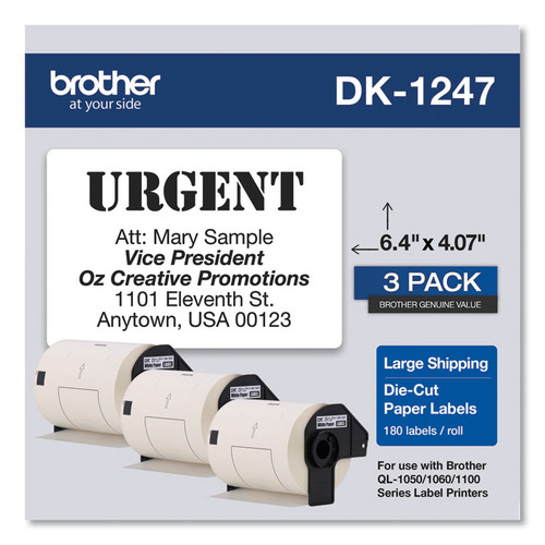 Die-Cut Shipping Labels, 4.07 x 6.4, White, 180 Labels/Roll, 3 Rolls/Pack [SKU: BRTDK12473PK]
