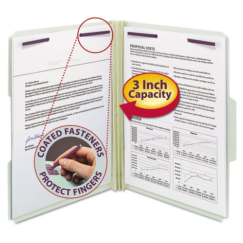 Recycled Pressboard Fastener Folders, 1/3-Cut Tabs, Two SafeSHIELD Fasteners, 3" Expansion, Letter Size, Gray-Green, 25/Box [SKU: SMD14944]