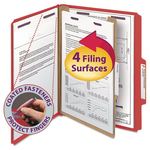 Four-Section Pressboard Top Tab Classification Folders, Four SafeSHIELD Fasteners, 1 Divider, Letter Size, Bright Red, 10/Box [SKU: SMD13731]