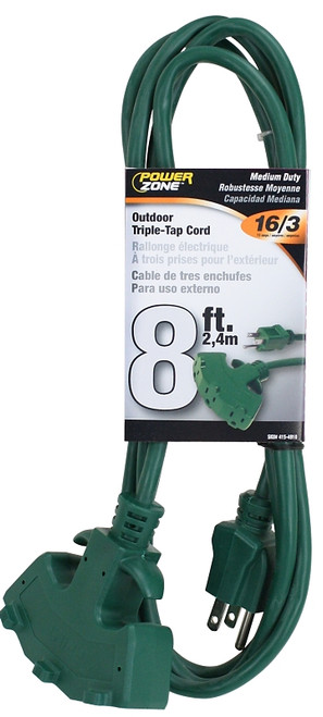 PowerZone ORY605608 Extension Cord, 16 AWG Cable, 8 ft L, 5-15P Grounded Plug, 3 -Socket, 13 A, 125 V, Green [SKU: ORG4154910]