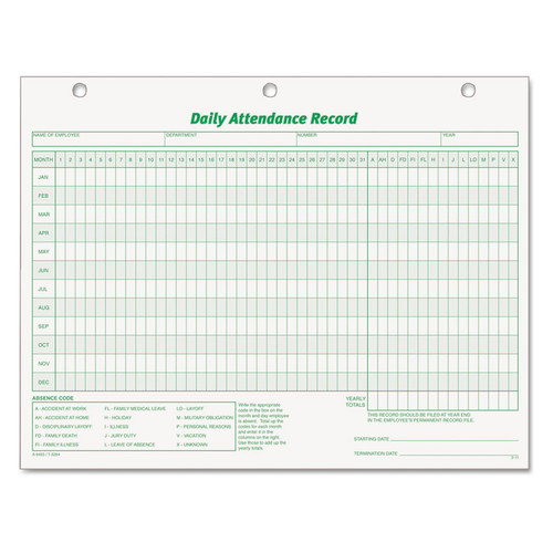 Daily Attendance Card, One-Part (No Copies), 11 x 8.5, 50 Forms Total [SKU: TOP3284]