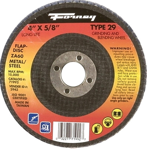 Forney 71992 Flap Disc, 4 in Dia, 5/8 in Arbor, 60 Grit, Medium, Zirconia Aluminum Abrasive, Fiberglass Backing [SKU: ORG8912057]