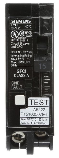 Siemens QF115A Circuit Breaker, GFCI, 15 A, 1-Pole, 120 V, Thermal Magnetic Trip, Plug-In Mounting [SKU: ORG7413727]