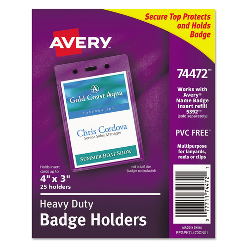 Secure Top Heavy-Duty Badge Holders, Vertical, 3w x 4h, Clear, 25/Pack [SKU: AVE74472]