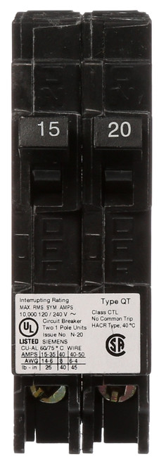 Siemens Q1520 Circuit Breaker, Type QT, 15 to 20 A, 1 -Pole, 120 V, Plug Mounting [SKU: ORG7413693]