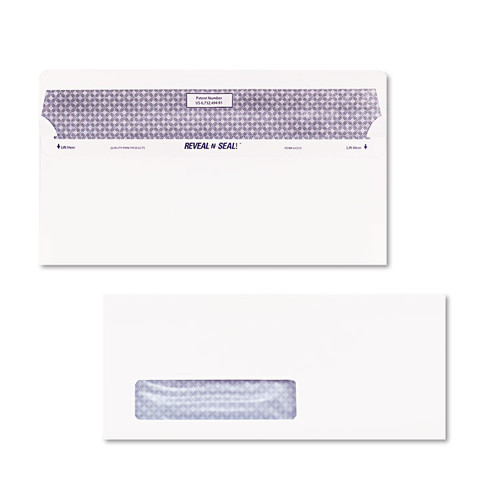 Reveal-N-Seal Security-Tint Envelope, Address Window, #10, Commercial Flap, Self-Adhesive Closure, 4.13 x 9.5, White, 500/Box [SKU: QUA67418]