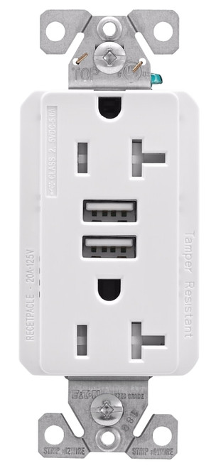 Eaton Cooper Wiring TRUSB5A20 TRUSB5A20W-K-L Receptacle, 2 -Pole, 5 A, 125 VAC, 2 -USB Port, Type A USB, White [SKU: ORG4896387]