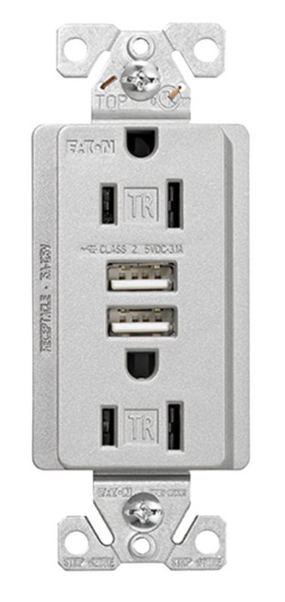 Arrow Hart TR7755SG-K-L Combination USB Receptacle, 2 -Pole, 3.1 A USB, 15 A Receptacle, 2 -USB Port, Silver Granite [SKU: ORG1452937]