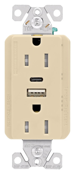 Eaton Cooper Wiring TRUSBAC15 TRUSBAC15V-K-L Receptacle, 2 -Pole, 5 A, 125 VAC, 2 -USB Port, Type A, C USB, Ivory [SKU: ORG4896379]