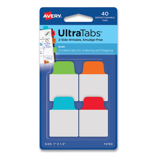 Ultra Tabs Repositionable Tabs, Mini Tabs: 1" x 1.5", 1/5-Cut, Assorted Colors, 40/Pack [SKU: AVE74760]