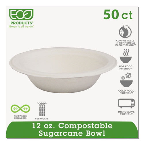 Renewable and Compostable Sugarcane Bowls, 12 oz, Natural White, 50/Packs [SKU: ECOEPBL12PK]