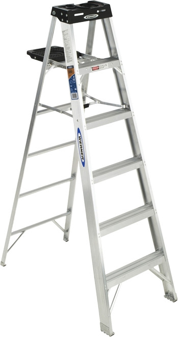 WERNER 376 Step Ladder, 6 ft Max Reach H, 5-Step, 300 lb, Type IA Duty Rating, 3 in D Step, Aluminum, Black [SKU: ORG6288427]