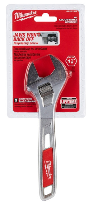 Milwaukee 48-22-7408 Adjustable Wrench, 8 in OAL, 1-1/8 in Jaw, Steel, Chrome, Ergonomic Handle [SKU: ORG1383736]