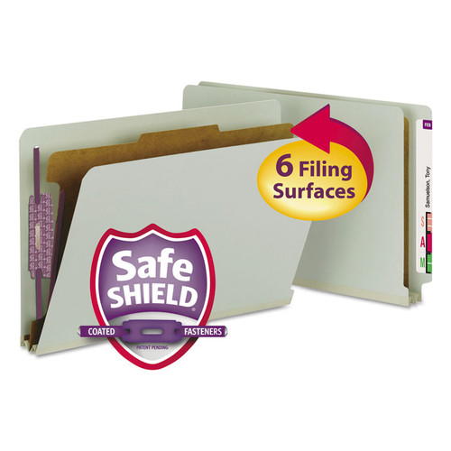 End Tab Pressboard Classification Folders, Four SafeSHIELD Fasteners, 2" Expansion, 1 Divider, Legal Size, Gray-Green, 10/Box [SKU: SMD29800]