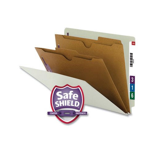 X-Heavy End Tab Pressboard Classification Folders, Six SafeSHIELD Fasteners, 2 Dividers, Letter Size, Gray-Green, 10/Box [SKU: SMD26710]