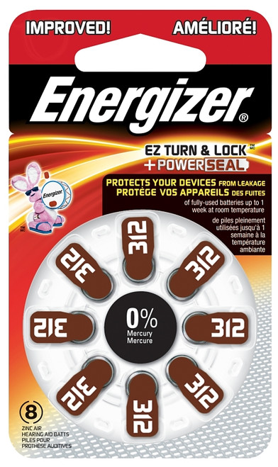 Energizer 312 AZ312DP-8 Hearing Aid Battery, 1.4 V Battery, 155 mAh, Zinc-Air [SKU: ORG6330526]