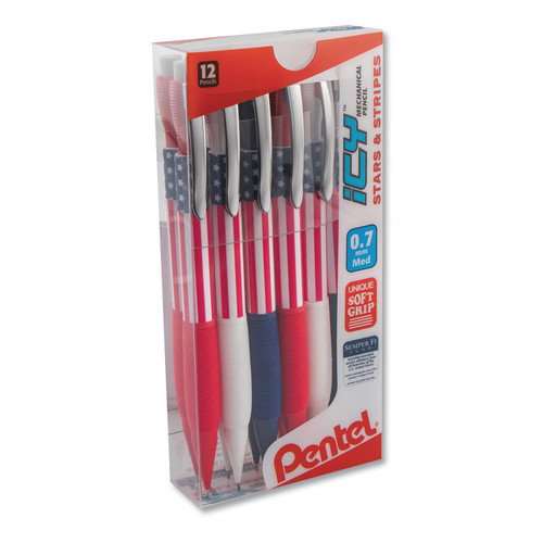 Icy Mechanical Pencil, 0.7 mm, HB (#2.5), Black Lead, Blue/Red/White Barrel, Dozen [SKU: PENAL27USAPC12M]