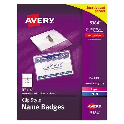Clip-Style Name Badge Holder with Laser/Inkjet Insert, Top Load, 4 x 3, White, 40/Box [SKU: AVE5384]