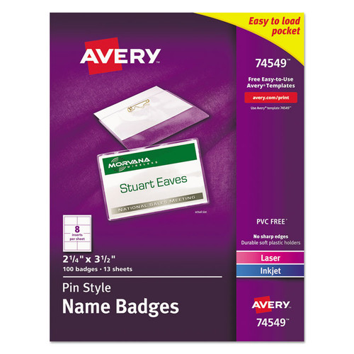 Pin-Style Badge Holder with Laser/Inkjet Insert, Top Load, 3.5 x 2.25, White, 100/Box [SKU: AVE74549]