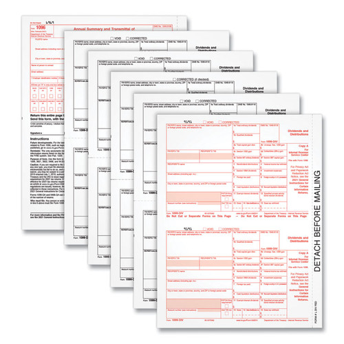 1099-Div Tax Forms for Inkjet/Laser Printers, Fiscal Year: 2022, Five-Part Carbonless, 8 x 5.5, 2 Forms/Sheet, 24 Forms Total [SKU: TOP22973]