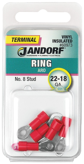 Jandorf 60973 Ring Terminal, 22 to 18 AWG Wire, #8 Stud, Vinyl Insulation, Copper Contact, Red [SKU: ORG3401866]