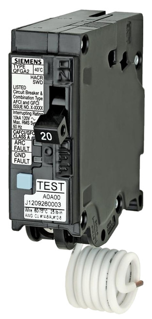 Siemens Q120DF Circuit Breaker, AFCI, GFCI, 20 A, 1 -Pole, 120 V, Instantaneous, Non-Interchangeable Trip, Black [SKU: ORG7195886]