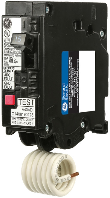 GE THQL1115DFP Circuit Breaker, AFCI, Dual Function, GFCI, 15 A, 1 -Pole, 120/240 VAC, Plug Mounting [SKU: ORG7111305]