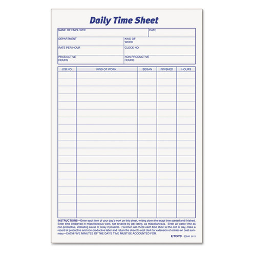 Daily Time And Job Sheets, One-Part (No Copies), 8.5 X 5.5, 200 Forms/Pad, 2 Pads/Pack [SKU: TOP30041]