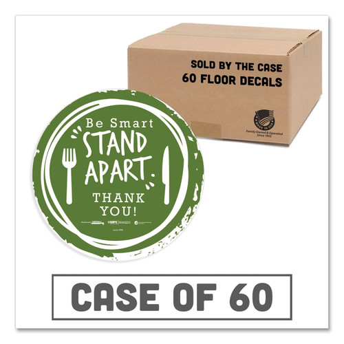 Besafe Messaging Floor Decals, Be Smart Stand Apart; Knife/Fork; Thank You, 12" Dia., Green/White, 60/Carton [SKU: TAB79161]