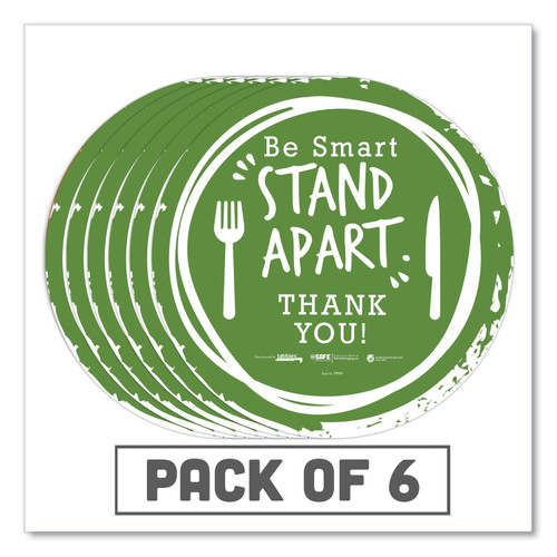 Besafe Messaging Floor Decals, Be Smart Stand Apart; Knife/Fork; Thank You, 12" Dia., Green/White, 6/Carton [SKU: TAB79061]